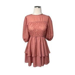 ZARA Dress Womens Medium Clip‎ Dot Ruffle Mini Dress Smocked Boho Chic Coral